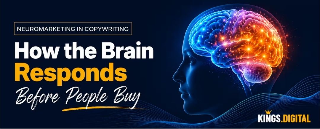 Neuromarketing in copywriting banner with glowing brain illustration and KINGS.DIGITAL branding