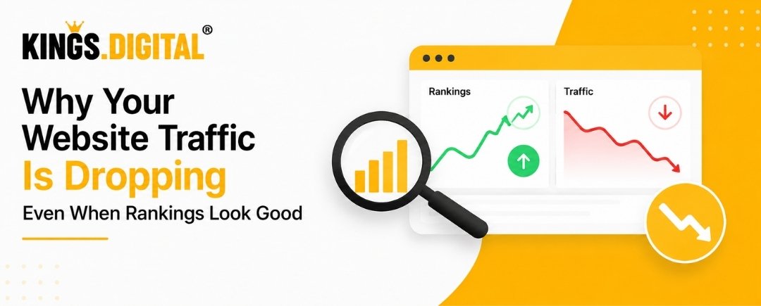 Analytics dashboard showing declining website traffic despite strong search rankings, illustrating SEO performance insights by Kings Digital.