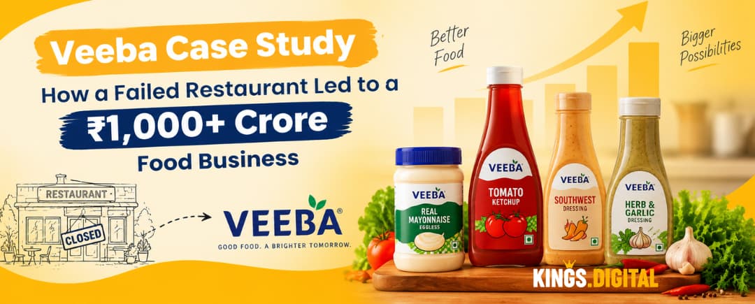 Veeba case study by Kings Digital showing the journey from a failed restaurant to a ₹1,000+ crore food business